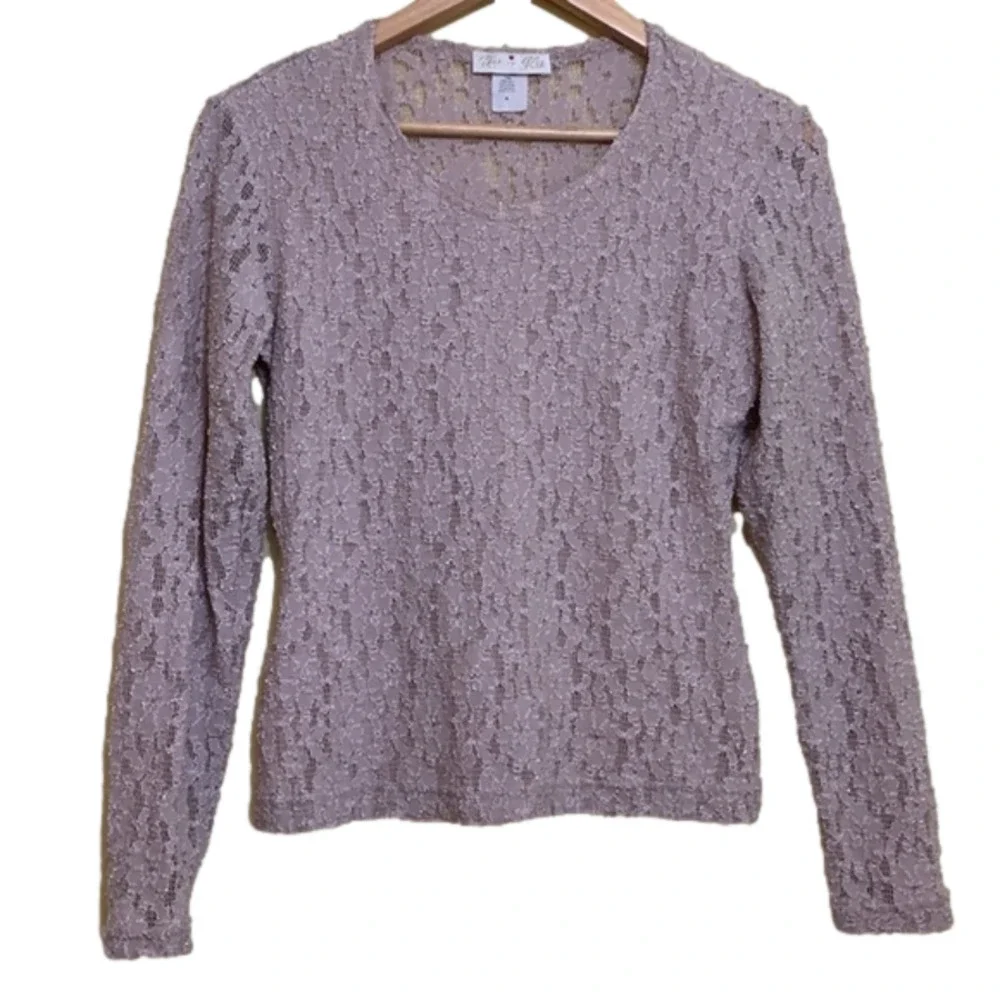 Glu-Glu || Tan Nude Embroidered Floral Lace Sheer Long Sleeve Stretch Top M - Picture 1 of 13